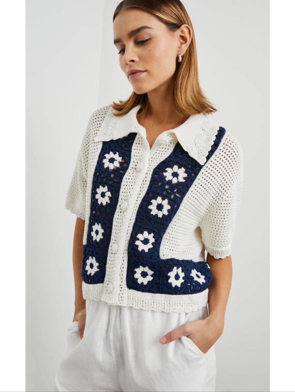 Rails Milan Daisy Crochet Button Down Cardigan Sweater Knit Top Navy Cream Small
